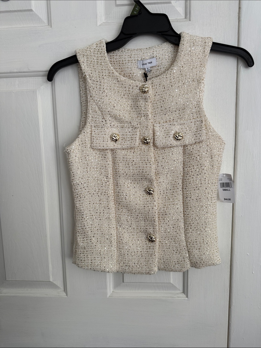 Cream Tweed Beaded Button Front Vest